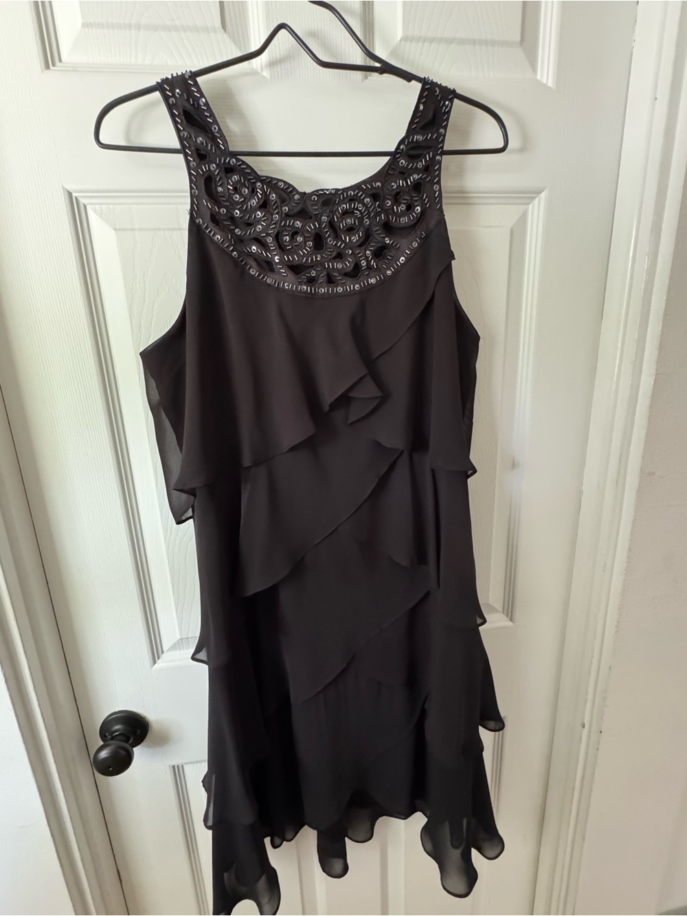 SLNY - Black Sleeveless Ruffle Evening Dress with Embellished Neckline